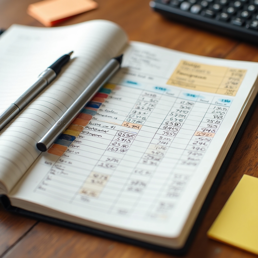 Close-up of handwritten financial notes and colorful organization system in a planning notebook