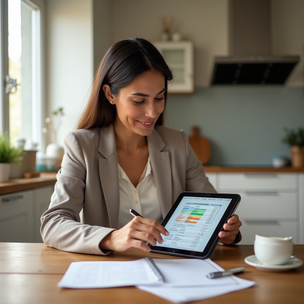 Woman reviewing household budget spreadsheet on tablet while seated at kitchen table