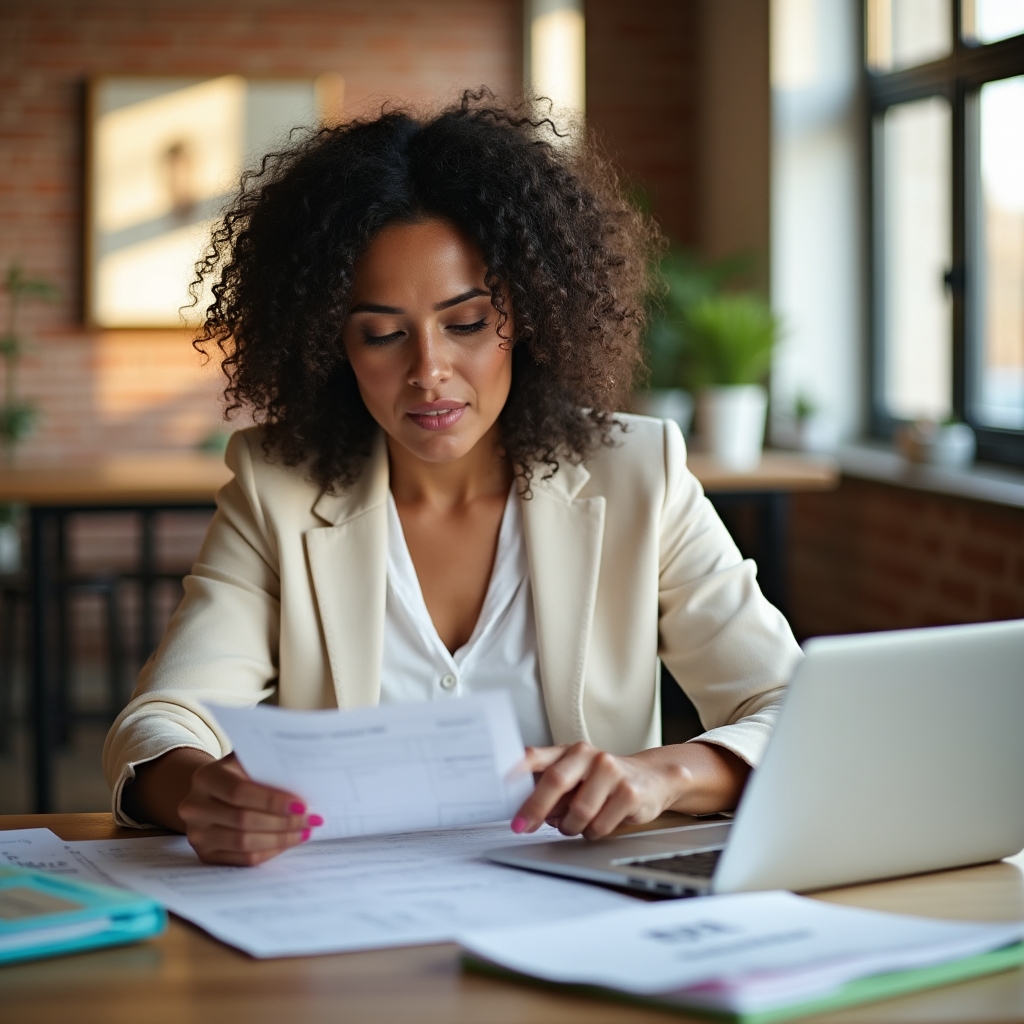 Woman entrepreneur reviewing financial records for her small independent business at a bright workspace