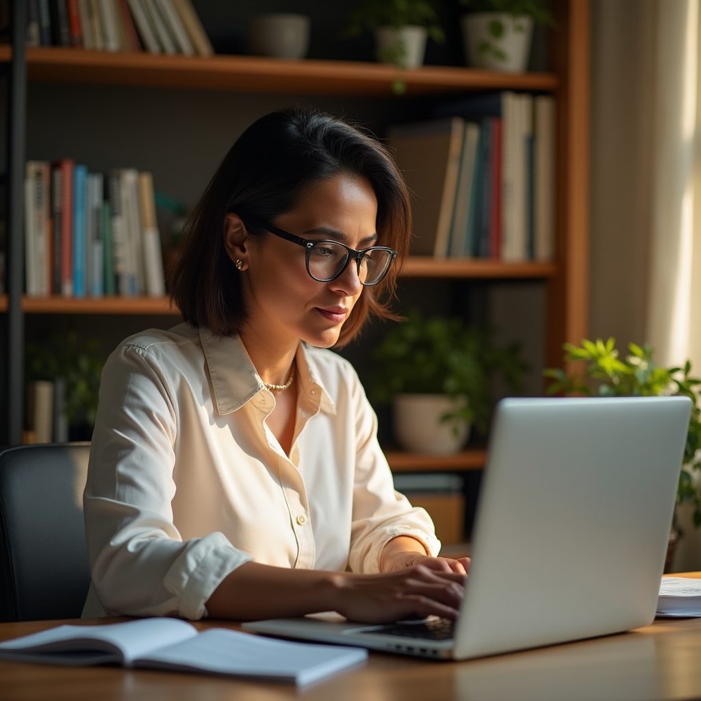Woman studying financial education content on laptop at home with natural light and organized workspace