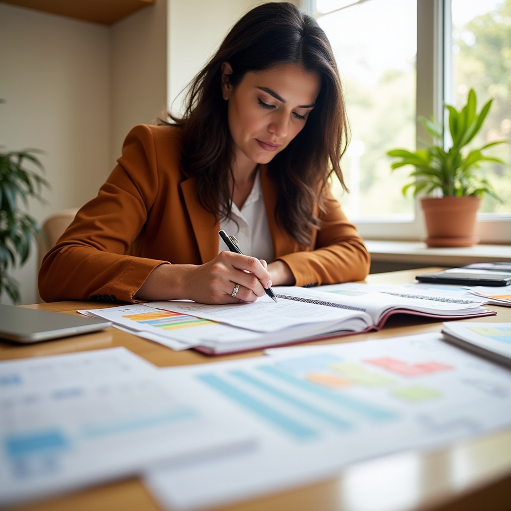 Woman working through budget organization workshop materials on a bright organized desk with colorful planning tools