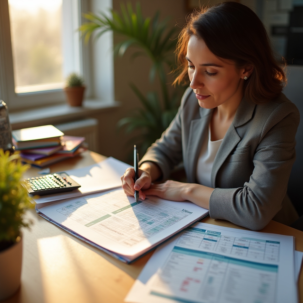 Woman at desk working through structured savings planning exercises with organized financial documents