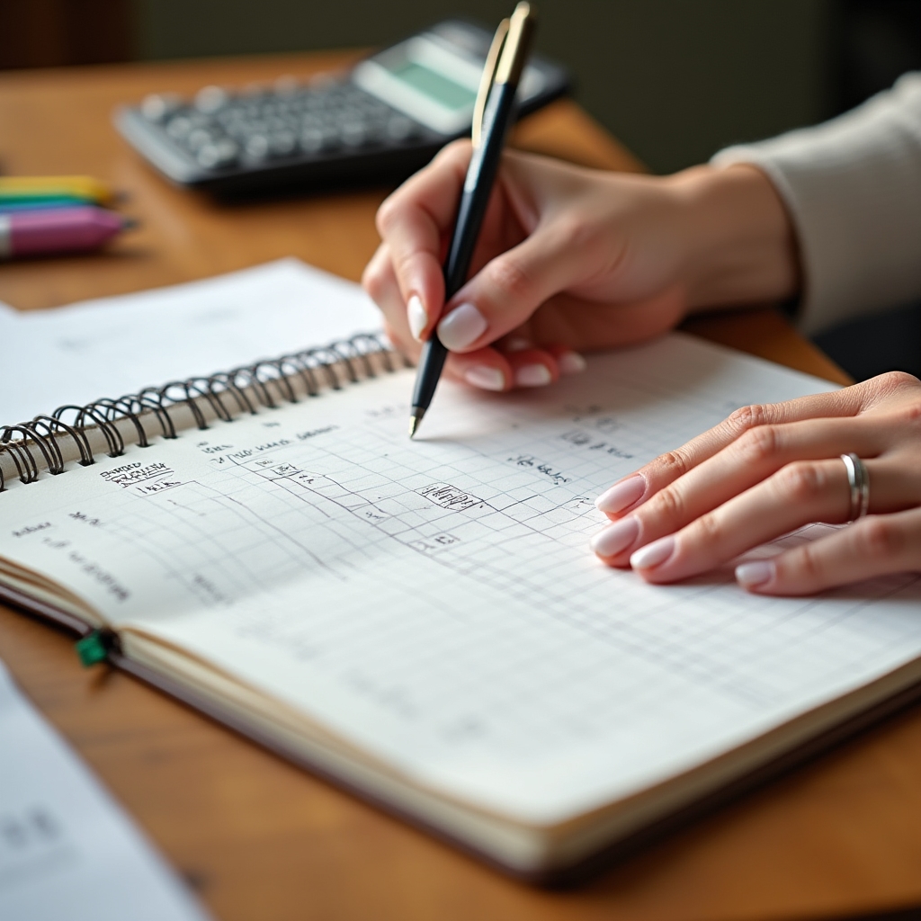 Woman writing in financial planning notebook with calculator and organized papers on desk