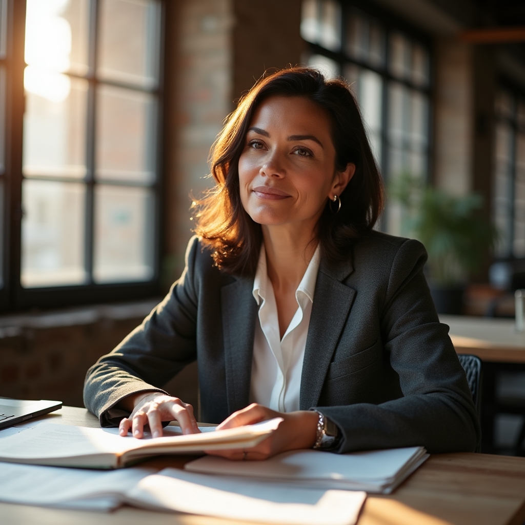 Senior female financial educator in professional attire reviewing curriculum materials at a bright modern desk