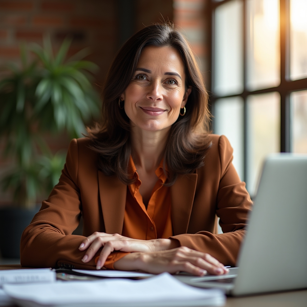 Female content specialist in her late 40s with warm professional expression, seated at a modern workspace with natural light
