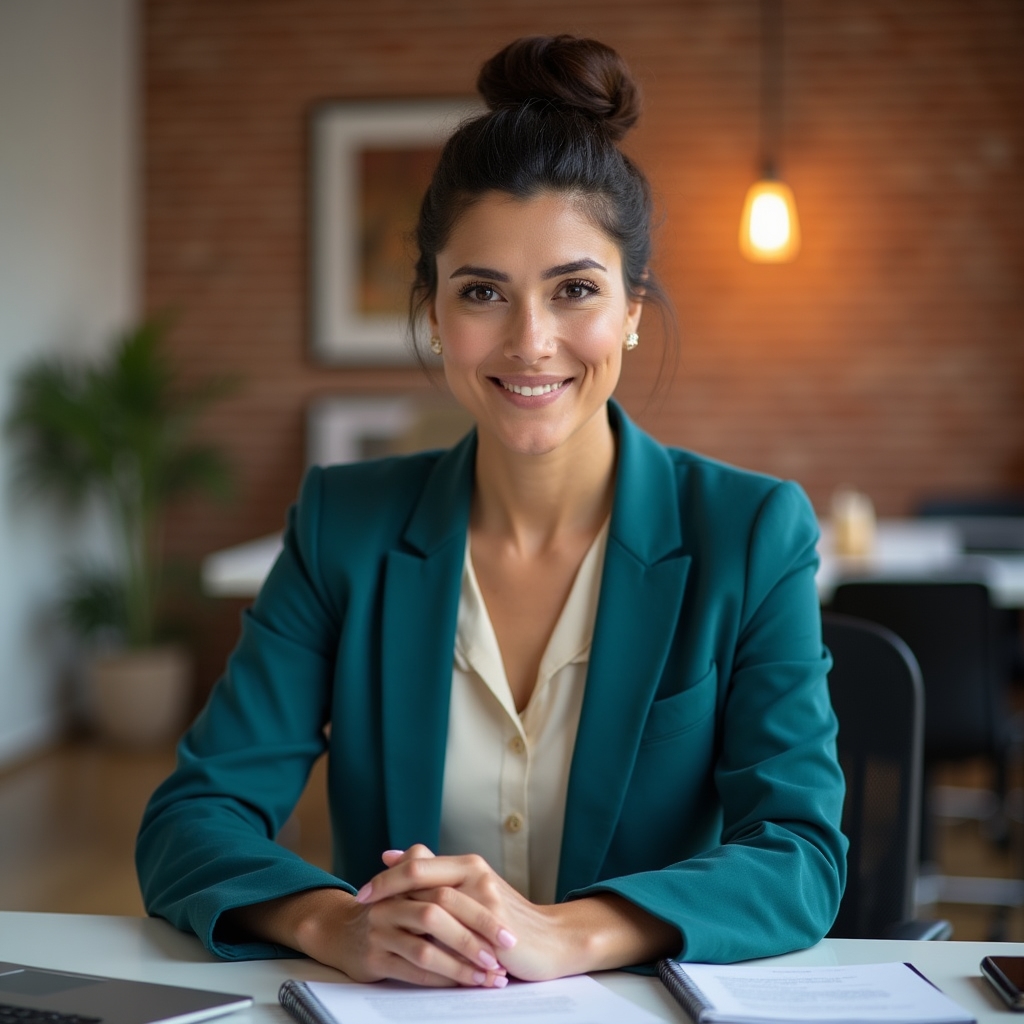 Professional Colombian woman in her mid-40s, program coordinator, in business formal attire at a bright office