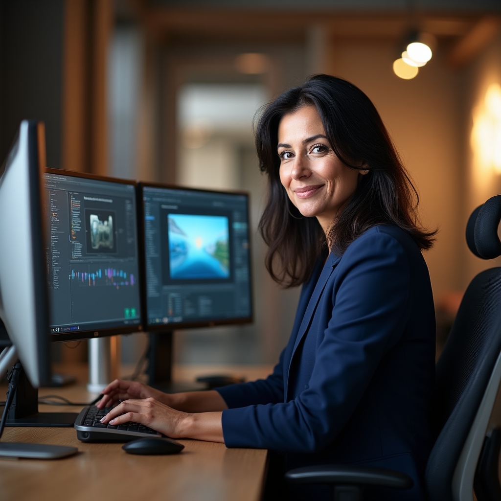 Digital learning designer woman in her early 40s, professional demeanor, working at a dual-monitor setup in a bright converted loft