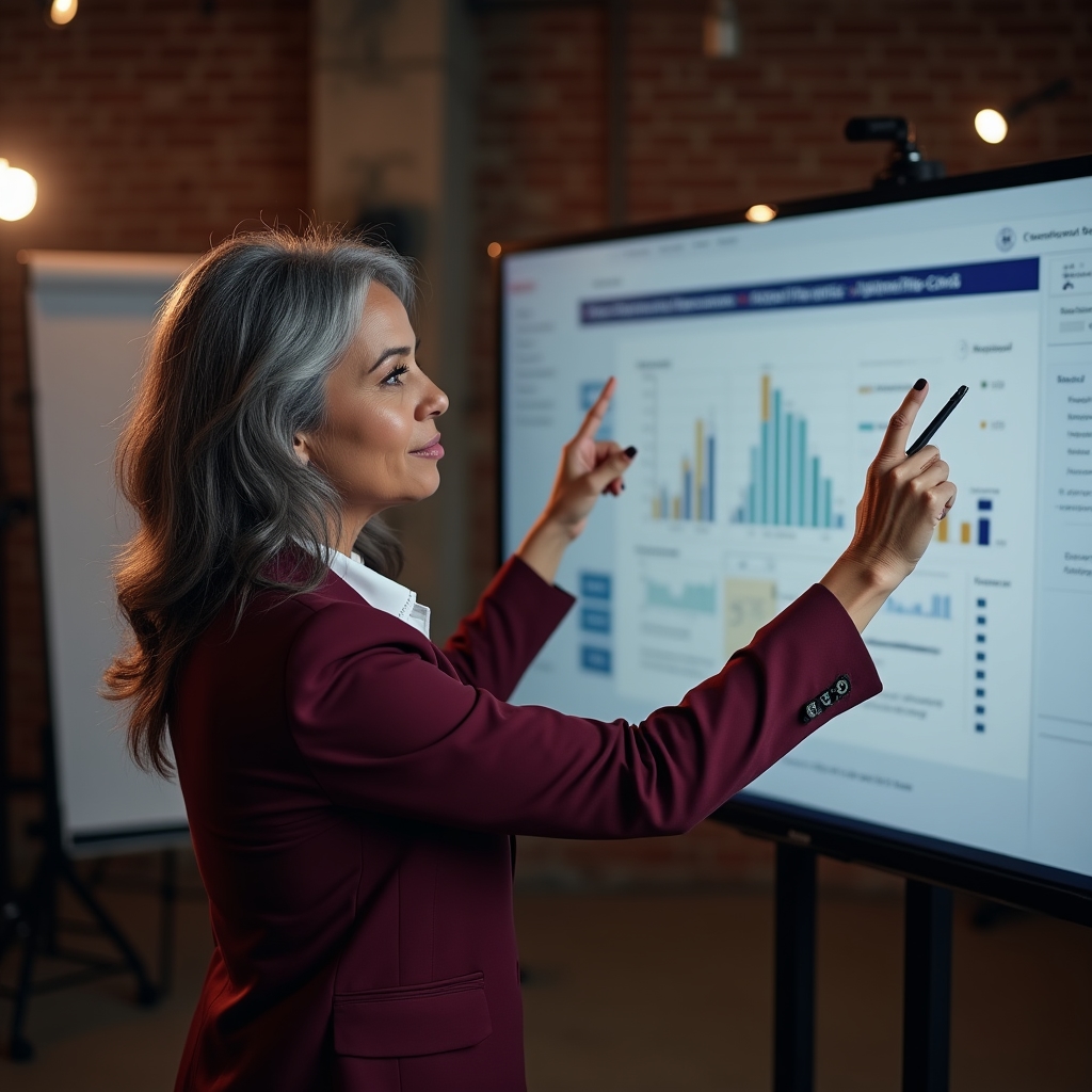 Professional presenter delivering an online webinar with digital financial content on screen
