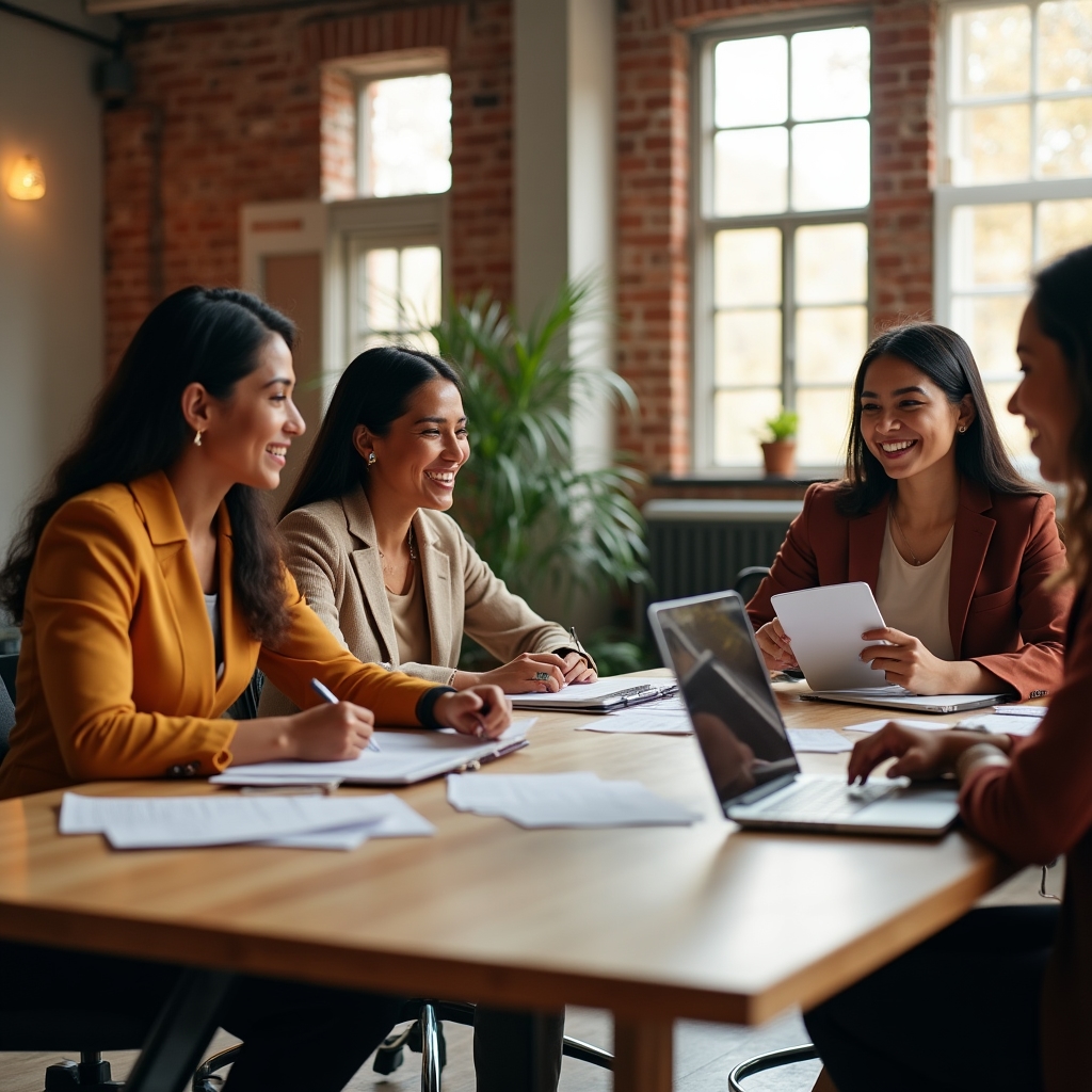 Group of Colombian women engaged in collaborative financial learning session in a bright modern space