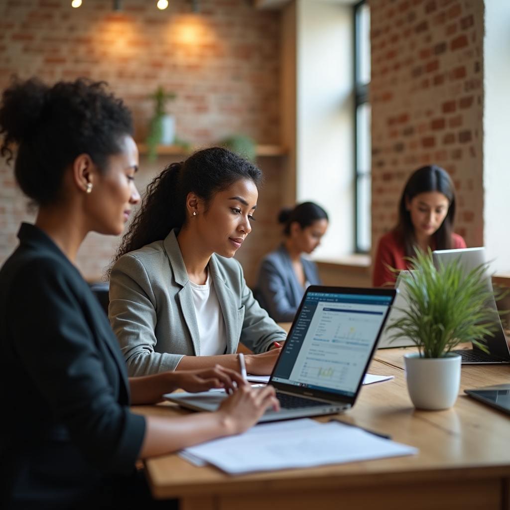 Women participating in a virtual financial workshop on laptop screens in a bright home setting